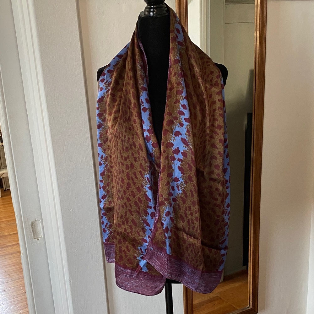 100% Silk Anne Klein Brown. Blue and Purple Animal Print Patterned Scarf